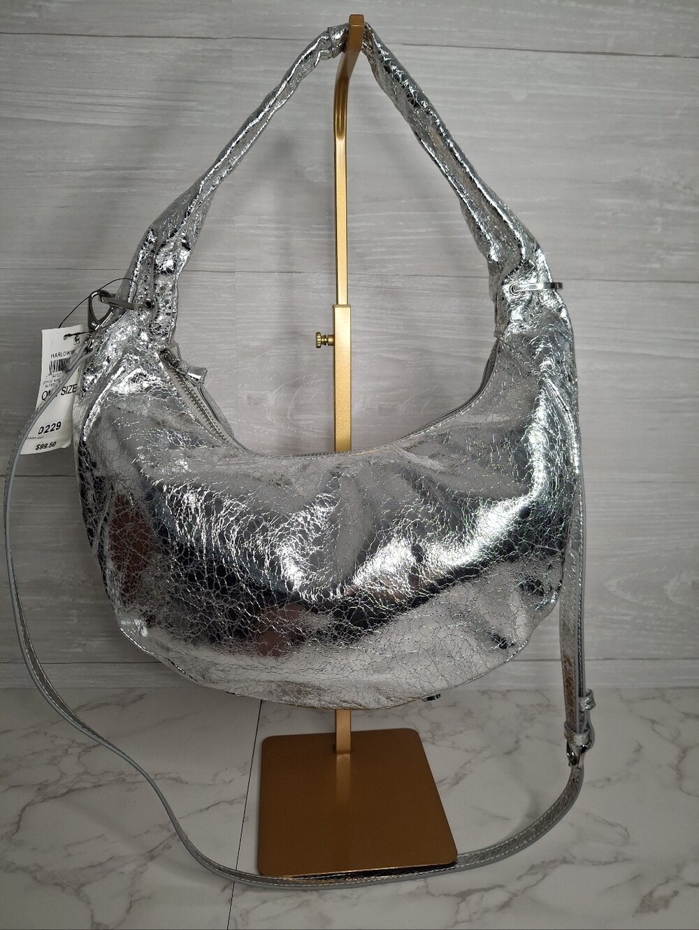 On 34th Silver Metallic Crackle Hobo Shoulder Bag NWT